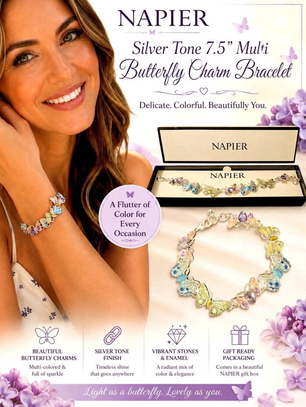 Napier Multi Butterfly Charm Bracelet  7.5" Silver Tone